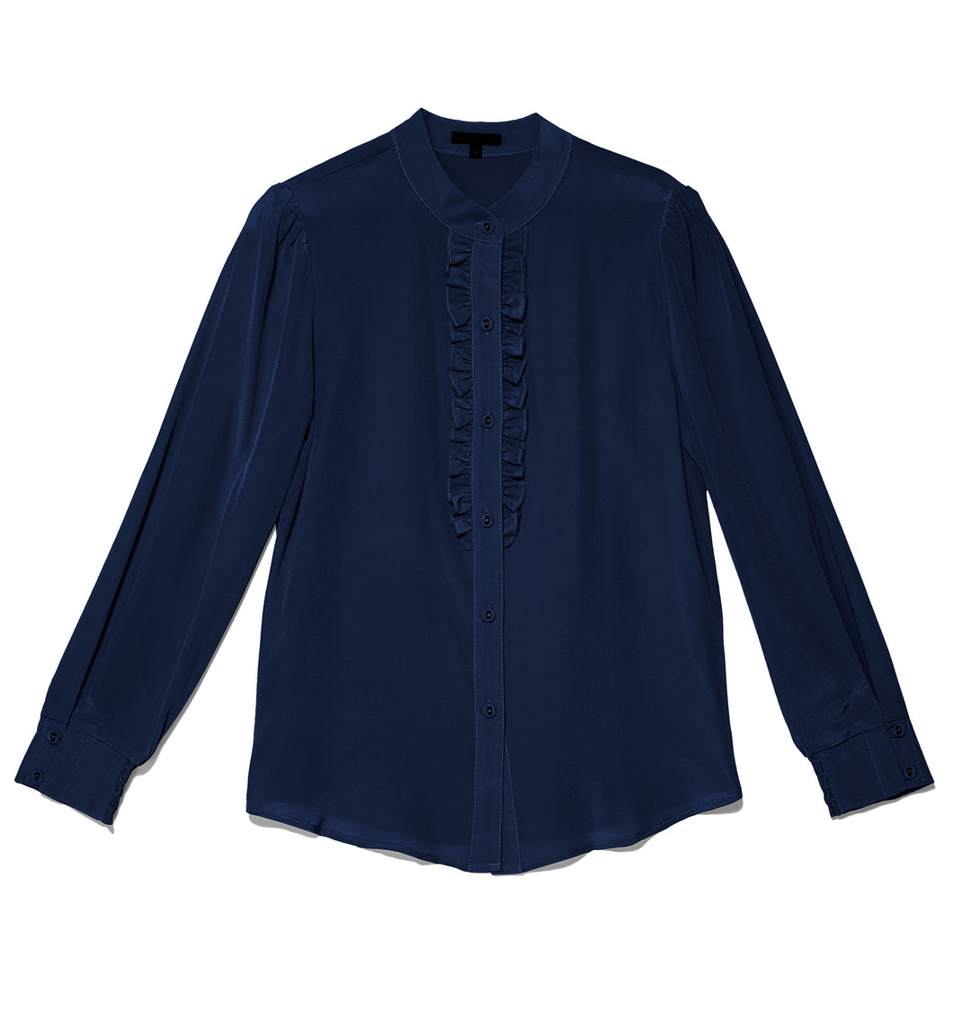 Navy Denim-Gayle Ruffle Shirt in silk